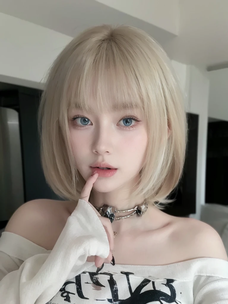 White-blonde beauty with short hair，Natural and beautiful hair，Background mysterious senior