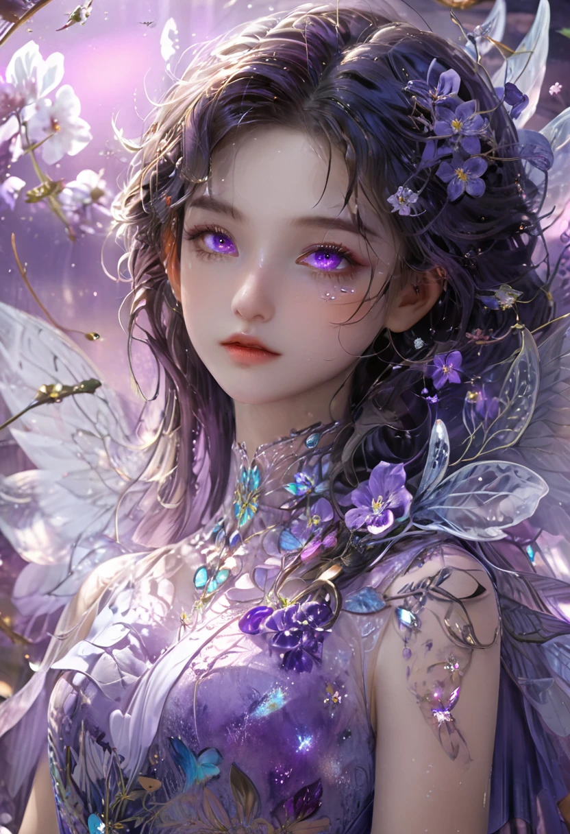 4k ultra hd, masterpiece, a girl, good face, detailed eyes, detailed lips, flower fairy girl, big wings, transparent wings, neon lights, (galaxy background:1.5), (flower dress:1.8), (purple dress:1.5), in the heaven,