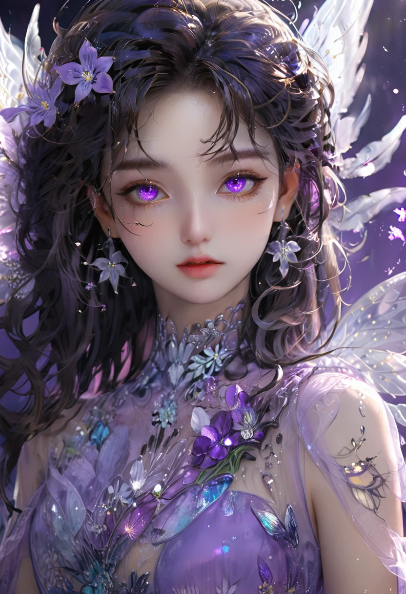 4k ultra hd, masterpiece, a girl, good face, detailed eyes, detailed lips, flower fairy girl, big wings, transparent wings, neon lights, (galaxy background:1.5), (flower dress:1.8), (purple dress:1.5), in the heaven,