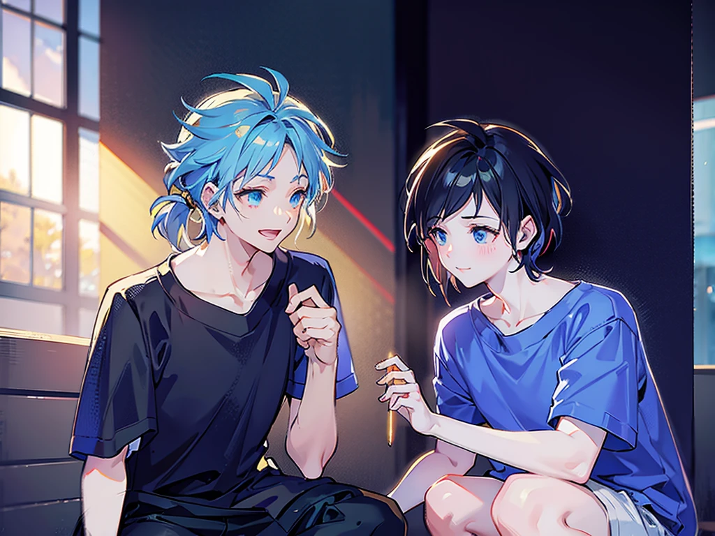 Two boys,Squatting,One has blond hair,A person with dark blue hair,White shirt,shorts,Holding a firework stick,daytime,sunlight,White T-shirt,8K,Correct human body,Detailed eye painting,illustration,Highest quality,Exquisite,Detailed face,Masterpiece,flat chest,Slim,young,,High-end,Hand Painted,Official Fanart, Visual novel, Anime style,Girly Romance, Produced by Anime Painter Studio,masterpiece, best quality, Sharp focus, Intricate details, Perfect, Golden Ratio Composition, 8K resolution, High resolution, fair, fair sky, Vibrant pastel colors