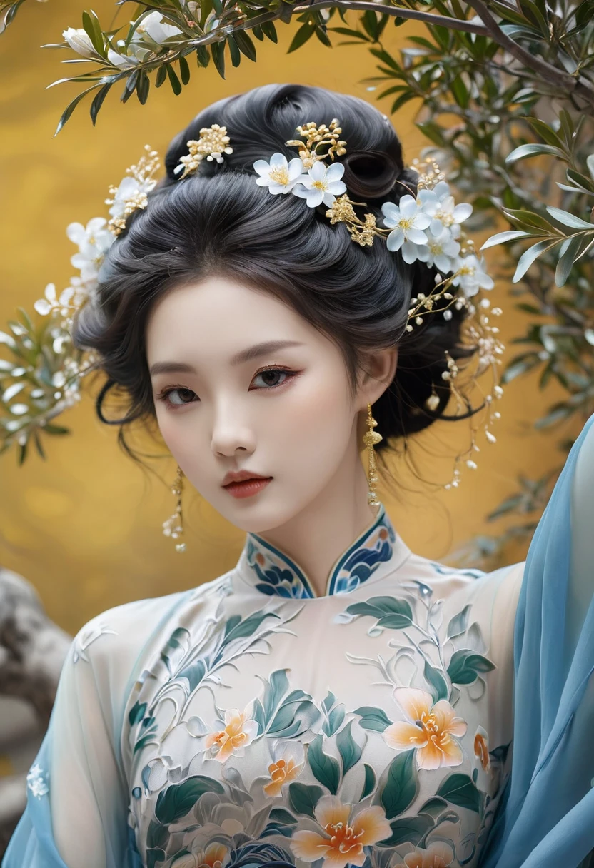 Chinese Beauty, Charming temperament, floating long dress, Clear face, beautiful eyes, Around osmanthus flowers, A masterpiece of perfect body structure proportions, Very detailed, Epic Composition, Color Tattoo Art, Neo-Traditional Tattoo Art, SD tattoo design, Color Tattoo Art, Mysterious and warm and friendly atmosphere, Surrealism, Ultra HD, high quality, best quality, 32K --v 6