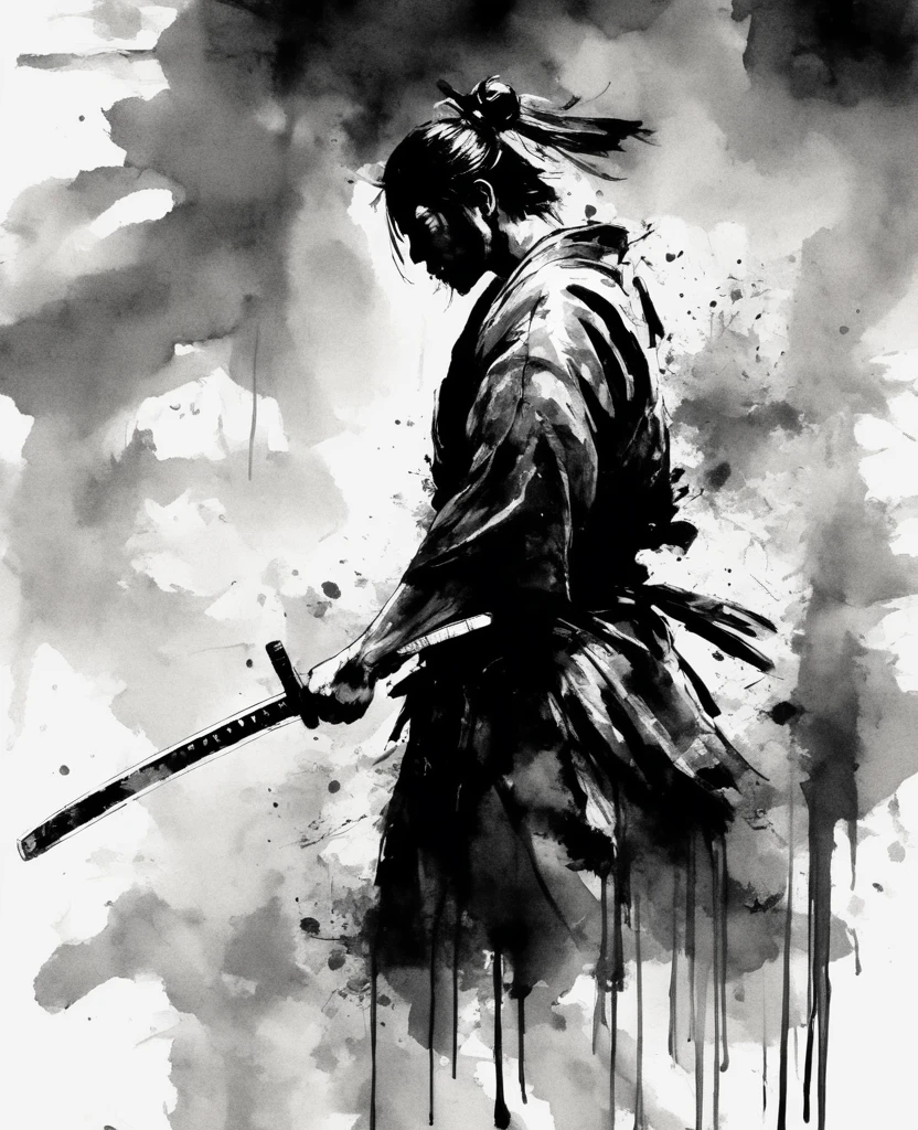 A samurai holding a sword in a black and white ink painting style