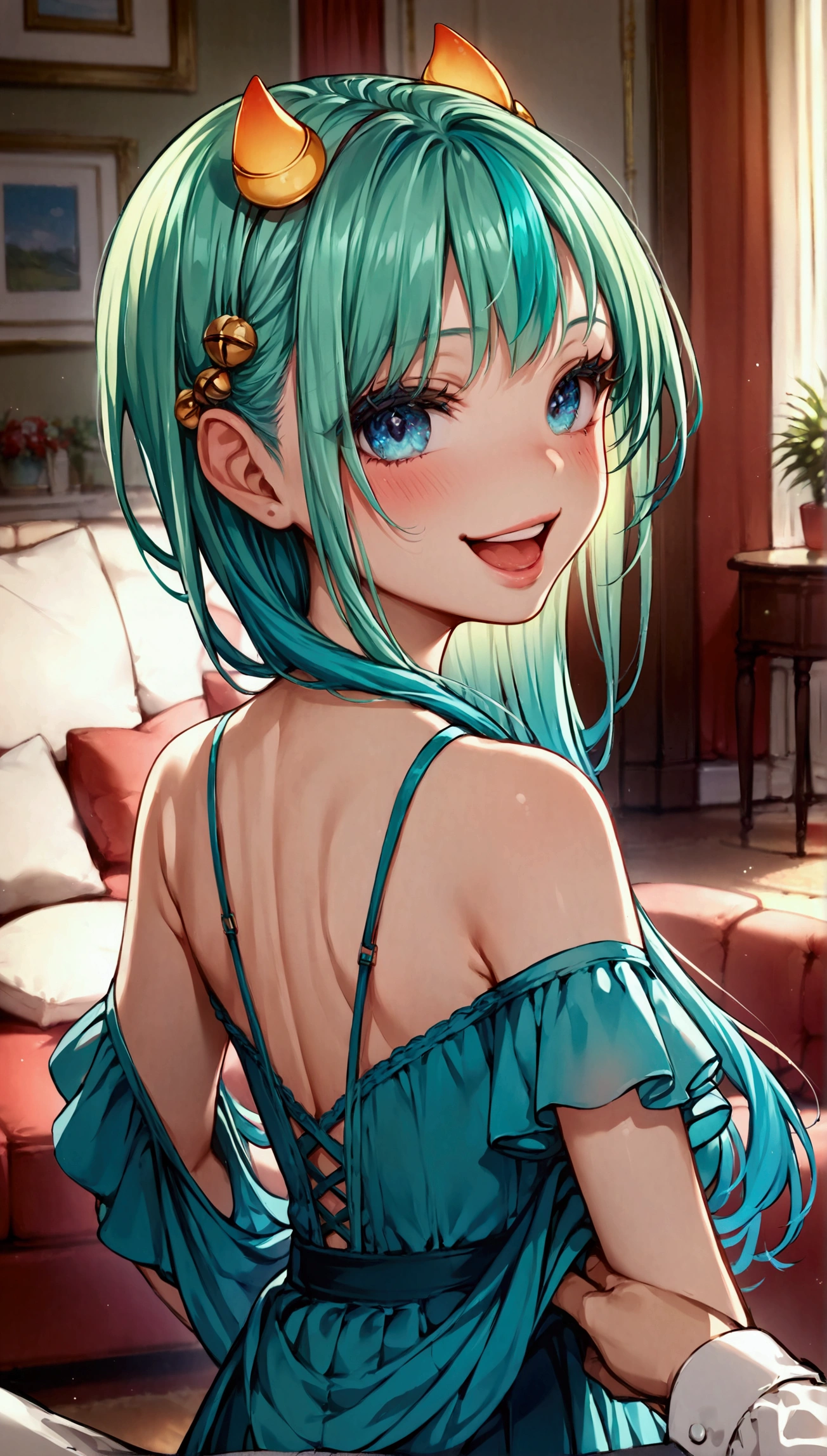 lum, 1girl, long hair, (tiny horns), tiny sharp ears, (score_9, score_8_up, score_7_up), masterpiece, best quality, absurdres, unity, 8k, wallpaper, hi res, highly detailed face, highly detailed eyes, blue eyes, (intricate details:1.4), (two-tone hair, green hair, aqua hair:1.1), summer dress, off shoulder, indoors, living room, pov, full lips, depth of field, blurry background, foreshortening, female focus, couch, from behind, looking back, from_behind, uncensored, smug laugh, mouth open, blush, hands on another's hips, skirt lift, ass, Possmach, skinny, thin, slim, skinny legs, short stature, 1980's style, from side, young, short stature, young age,