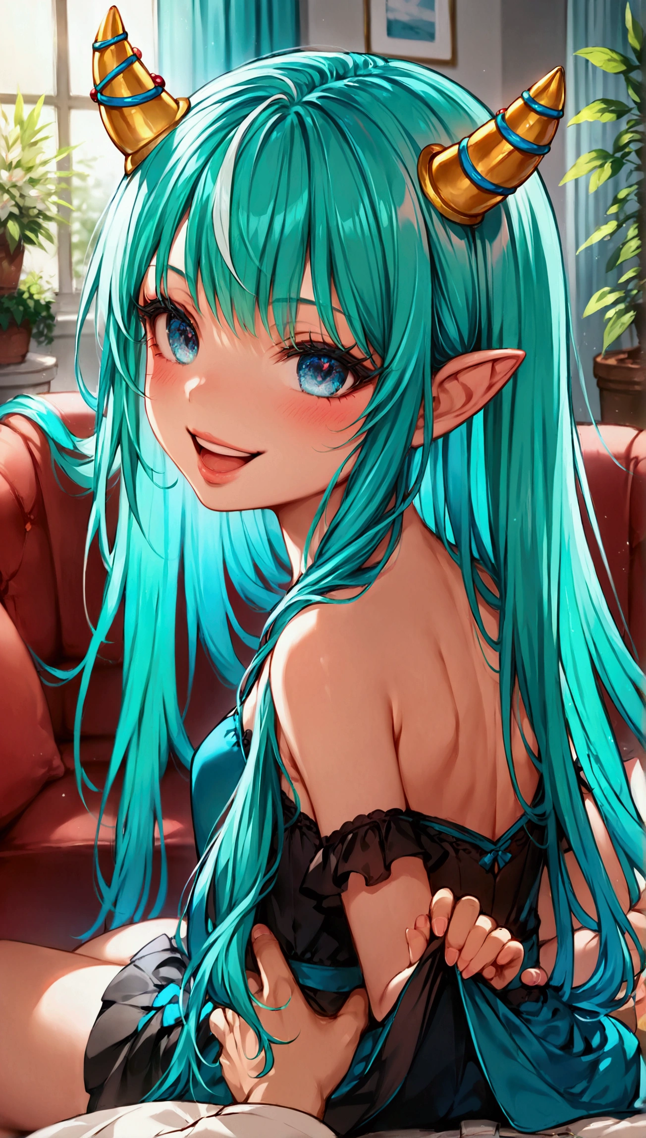 lum, 1girl, long hair, (tiny horns), tiny sharp ears, (score_9, score_8_up, score_7_up), masterpiece, best quality, absurdres, unity, 8k, wallpaper, hi res, highly detailed face, highly detailed eyes, blue eyes, (intricate details:1.4), (two-tone hair, green hair, aqua hair:1.1), summer dress, off shoulder, indoors, living room, pov, full lips, depth of field, blurry background, foreshortening, female focus, couch, from behind, looking back, from_behind, uncensored, smug laugh, mouth open, blush, hands on another's hips, skirt lift, ass, Possmach, skinny, thin, slim, skinny legs, short stature, 1980's style, from side, young, short stature, young age,