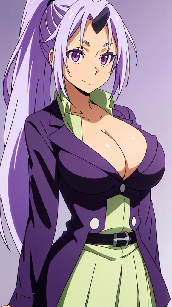 (Highest quality:1.3), (masterpiece:1.1), (figure:1.2), (Super detailed:1.2), Beautiful attention to detail, Beautiful detailed girl, (One girl), Ponytail Hairstyles, Purple Hair、Large Breasts, Cleavage, 