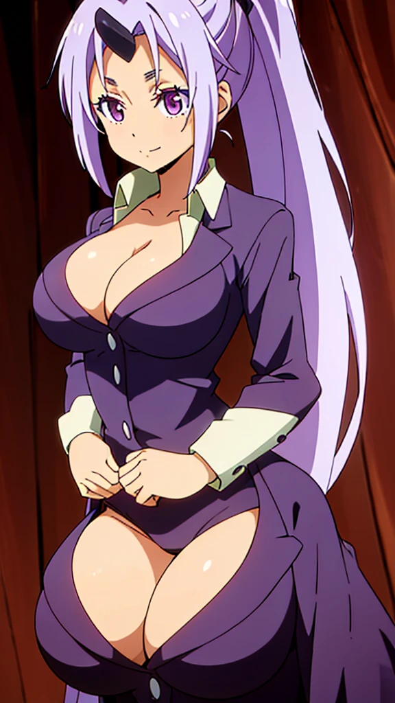 (Highest quality:1.3), (masterpiece:1.1), (figure:1.2), (Super detailed:1.2), Beautiful attention to detail, Beautiful detailed girl, (One girl), Ponytail Hairstyles, Purple Hair、Large Breasts, Cleavage,