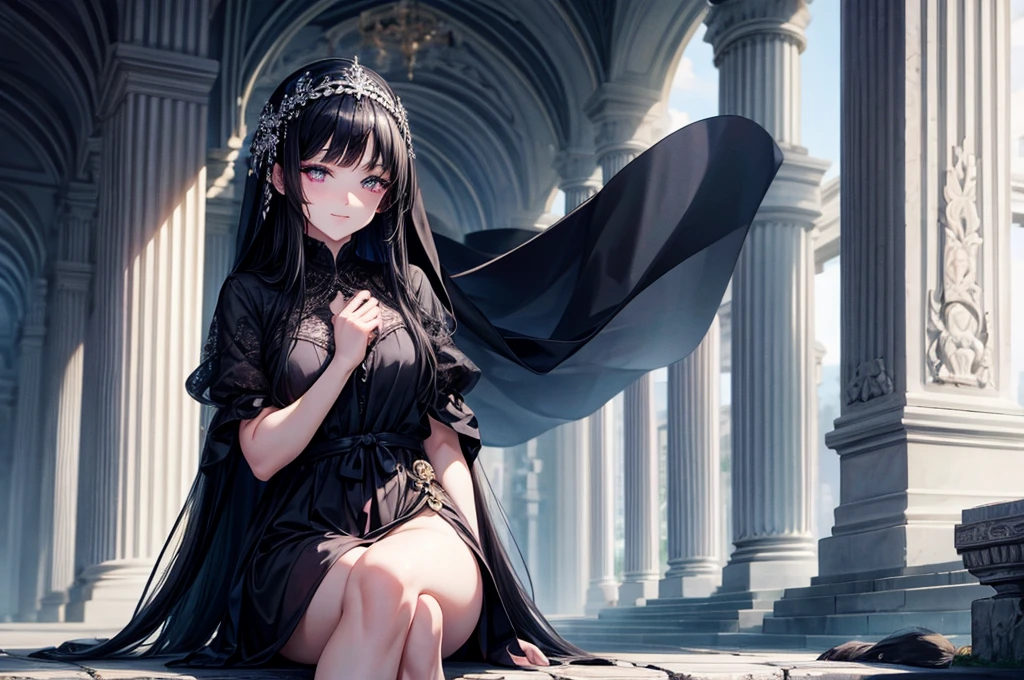Beautiful, majestic, melancholic, en face, woman, solo-girl, long black hair, pale white skin, (indigo eyes:1.3), narrow eyes, sly smile, (black dress:1.1), (black and blue veil:1.1), sitting on a stone pillar, dark ancient temple in background, rays of moonlight