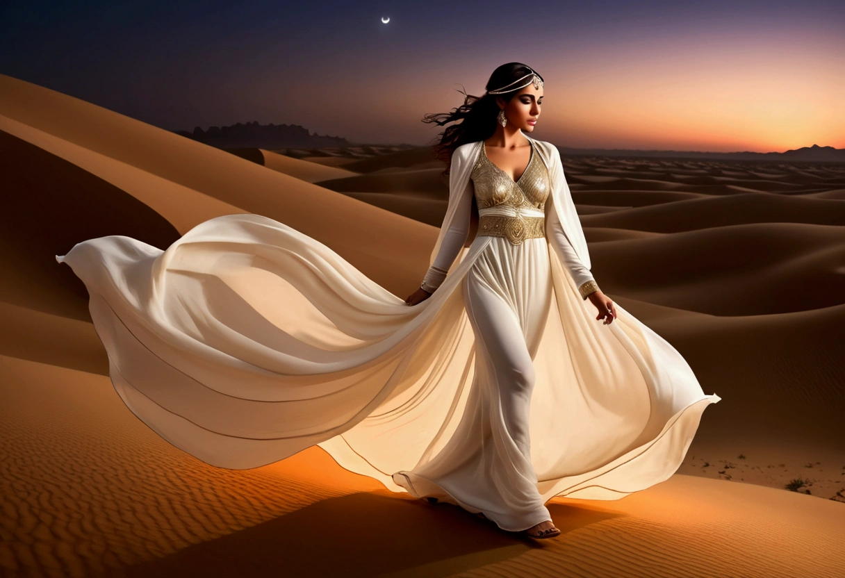 Arabian woman (top model, age 25, many fine layers of airy sheer fabric, Arabian princess) walking through the desert at night. Bodyguards flank her
