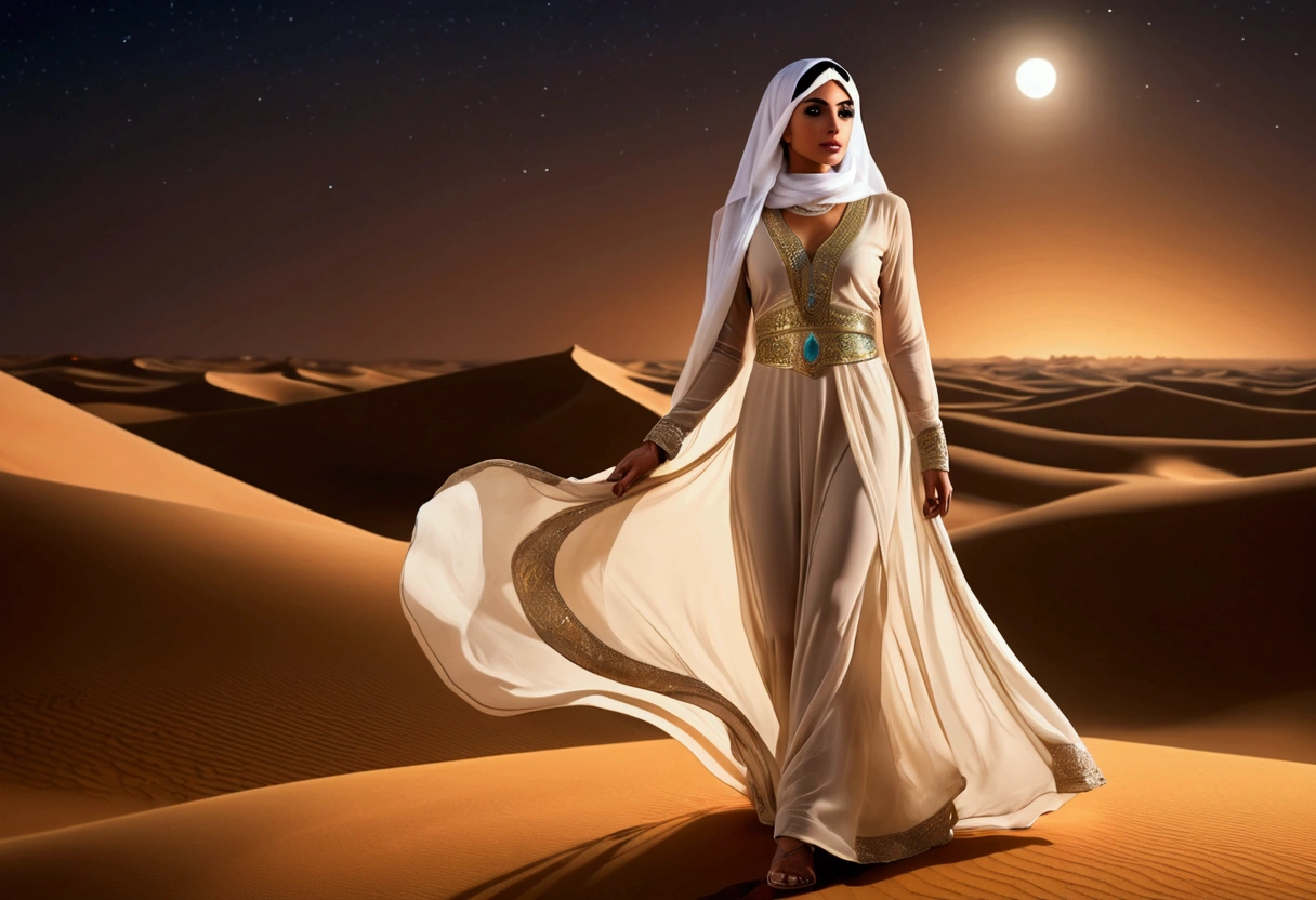 Arabian woman (top model, age 25, many fine layers of airy sheer fabric, Arabian princess) walking through the desert at night. Bodyguards flank her
