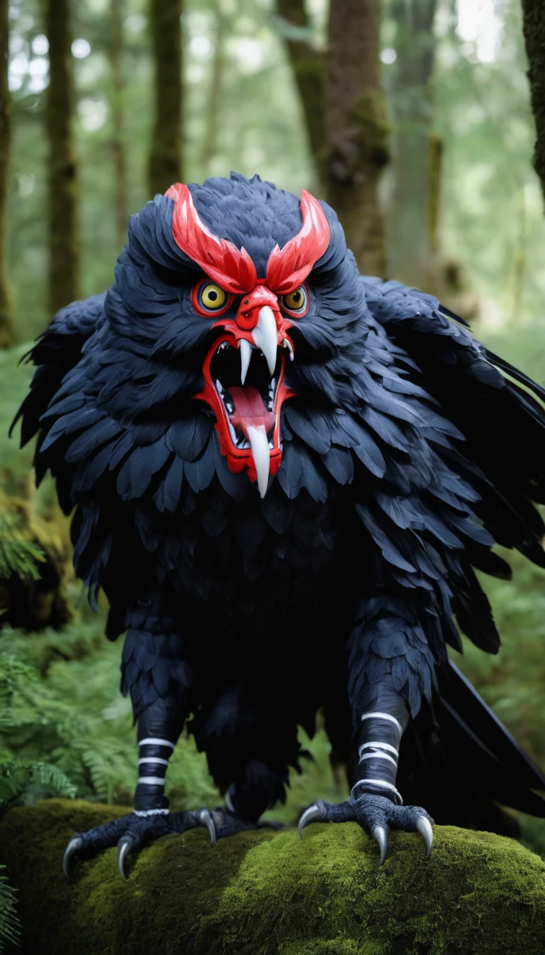 High resolution, Breathtakingly realistic images、Karasu Tengu, a traditional Japanese monster、in the forest