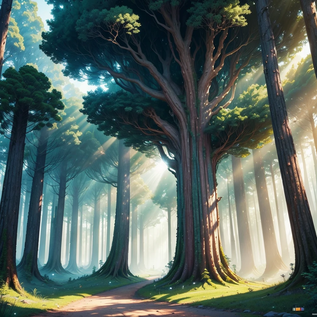 mysteriousな超巨大なトンネルの中に森がある，Giant Tree Forest，There is a huge tree，There is a road in the middle of the forest，Different world，The sunlight from the sun shines on the earth，Colorful，Best Quality，8K，mysterious，Fantasy，Different space，There are many different creatures，Nature，romantic，A world beyond imagination，Dream world，universe，Huge river，masterpiece，最高masterpiece，perfection，