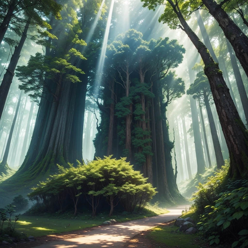 mysteriousな超巨大なトンネルの中に森がある,Giant Tree Forest,There is a huge tree,There is a road in the middle of the forest,Different world,The sunlight from the sun shines on the earth,Colorful,Best Quality,8K,mysterious,Fantasy,Different space,There are many different creatures,Nature,romantic,A world beyond imagination,Dream world,universe,Huge river,masterpiece,最高masterpiece,perfection,