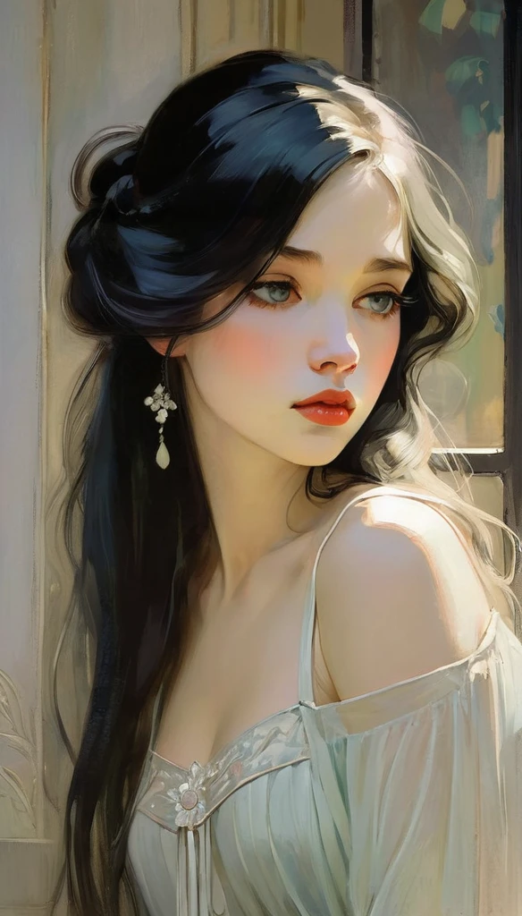 (best quality,realistic:1.2),ultra-detailed,blonde hair,Malcolm Liepke style,mucha,frontage,1girl,black hair,long hair,detailed eyes,detailed lips,closed mouth,emotional painting,pale color palette,soft brushstrokes,sensuous,expressive,graceful,subtle light and shadows,quiet contemplation,vintage aesthetic,romantic atmosphere,wistful,serene ambiance,captivating gaze,graceful pose,delicate features,dreamlike quality,ethereal beauty,subdued tones,delicate skin texture,classic elegance,sublime composition,masterful technique,impressionistic,radiant energy,subtle emotion,intricate details,subdued color scheme,soft and gentle,subtle facial expression