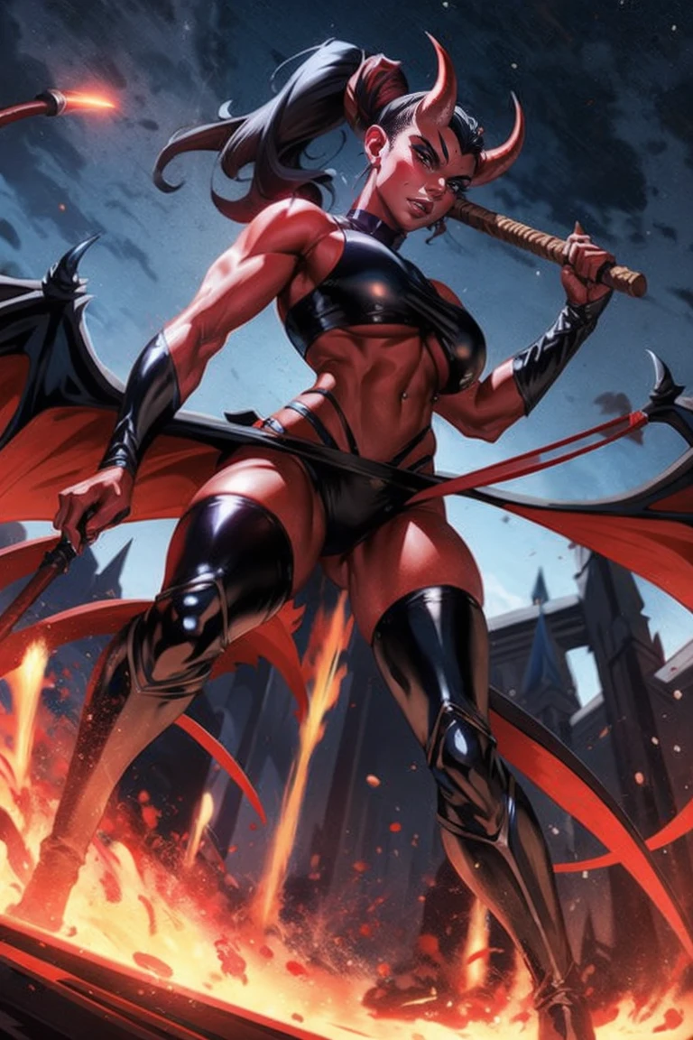 Red skin succubus tiefling, medium breasts, black horns, wings, huge tail, black leather, crop top, long flowing pelvic curtain, tall, toned, graceful, thin, long black ponytail. Action scene, whip. Dark scene, explosions, night sky.