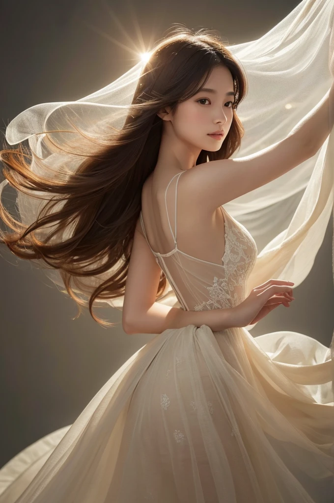 A beautiful Japanese girl is depicted in a vertical, ultra-realistic illustration, surrounded by flowing, translucent fabric. She has delicate features and long, flowing hair that adds to the ethereal quality of the image. She wears a thin, intricately designed dress that appears almost weightless as it billows around her. Her pose is graceful and fluid, with her arms raised and fingers delicately entwined in the fabric, giving the impression of movement and lightness.
The background is a soft, luminous setting with light filtering through the fabric, creating a dreamlike and airy atmosphere. The artist employs digital painting techniques to achieve high detail and realism, particularly in the textures of the fabric, her hair, and the intricate details of the dress. The lighting is soft and diffused, casting gentle shadows and highlights that enhance the serene and elegant mood of the scene.