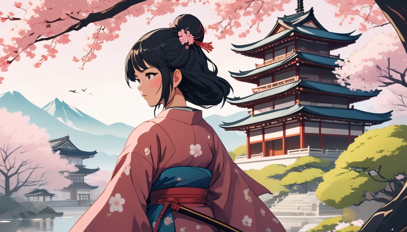 Female samurai,Background is cherry blossoms and a Japanese temple、 Wide-angle lens, Lofi Anime, Lofi illustration, Aesthetic atmosphere, Lo-Fi Style, Vector art, Flat Design, Simple shape, Warm tones, Pleasant atmosphere, Chill, In anime style, Digital drawing, Vector art, Vector logo for t-shirt printing, (Adorable:1.5), (small:1.4), (Playful:1.2), (soft:1.3), (Whimsical:1.1), masterpiece, Highest quality, 8K, Intricate details, grow, Celestial, Mysterious, Picturesque, amazing, Majestic, Magic, Fantasy art, Cover art, dream-like