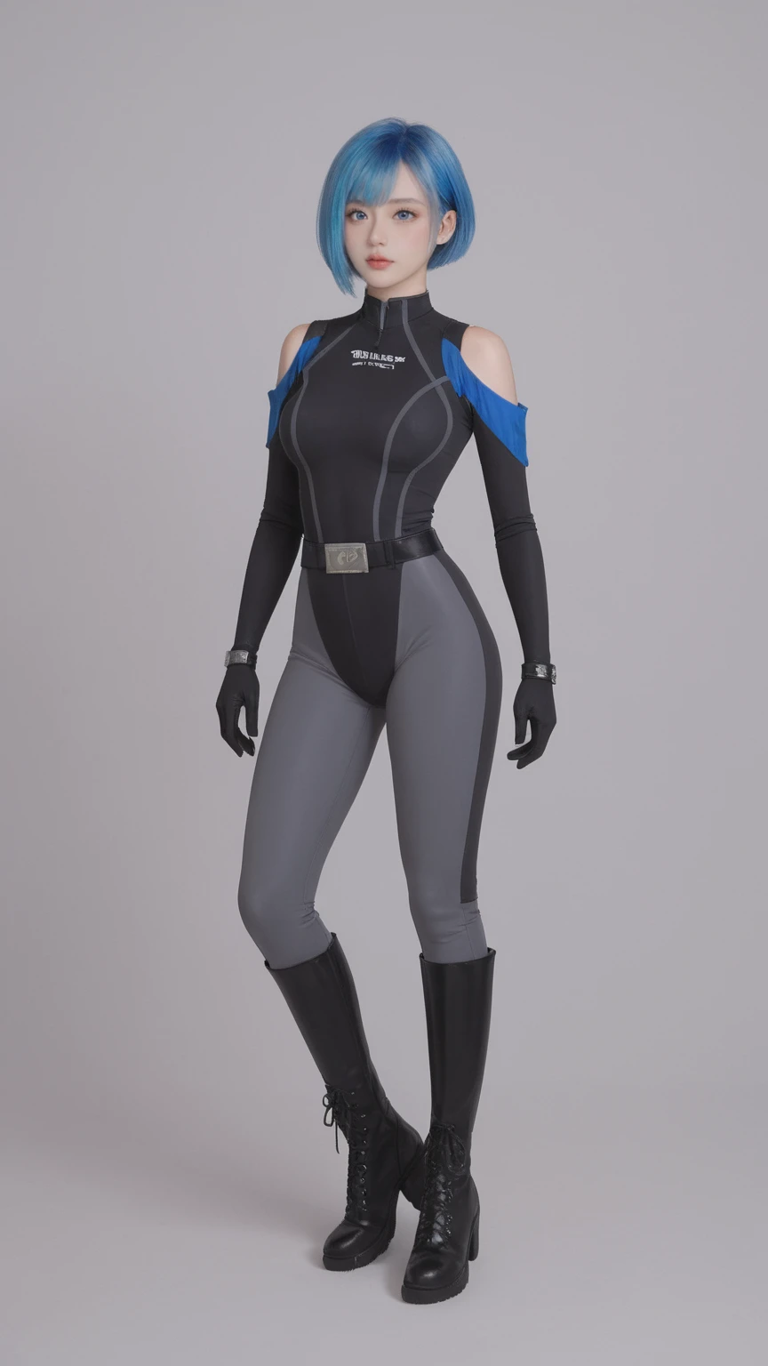 score_9, score_8_up, score_7_up, BREAK,
1girl, solo, simple background, ctl7t0rig, black gloves, black bodysuit, grey bodysuit, belt, black hair, blue hair, multicolored hair, short hair, two-tone hair, black knee boots, breasts, black pants, blue lips, blue eyes, shoulder cutout, (looking at viewer|looking to the side) medium breasts, blush, (standing|standing|sitting)