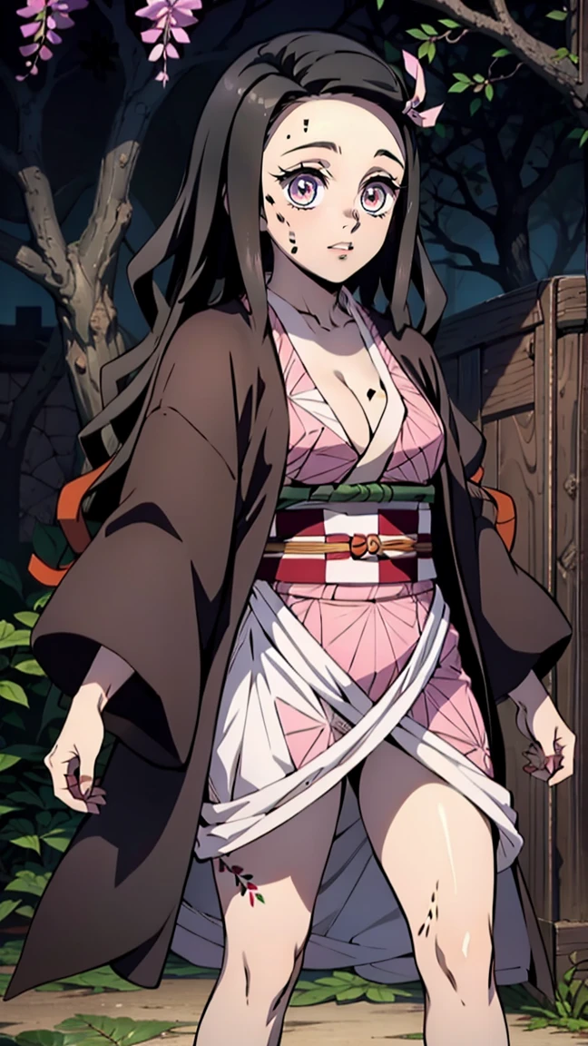 woman, adult girl,smile, demon girl, charming smile, Focus on the eyes, tears of joy, stupidly, night, grin, demonic smile, angry, beautiful, Blinding smile, very sweet, Kimano, girl, top quality изображения、character design of Nezuko from Demon Slayer, chedevr, (pink kimono), seductive face, kamado stupidly、Demon kamado stupidly、ancient japan, charm of kamado stupidly, leaf tattoos, tattoos pierce the whole body, sexual、open crotch、finely detail, chedevr, shining eyes, 1girl in, Dark-haired, , kamado stupidly, wisteria background, chedevr, top quality,