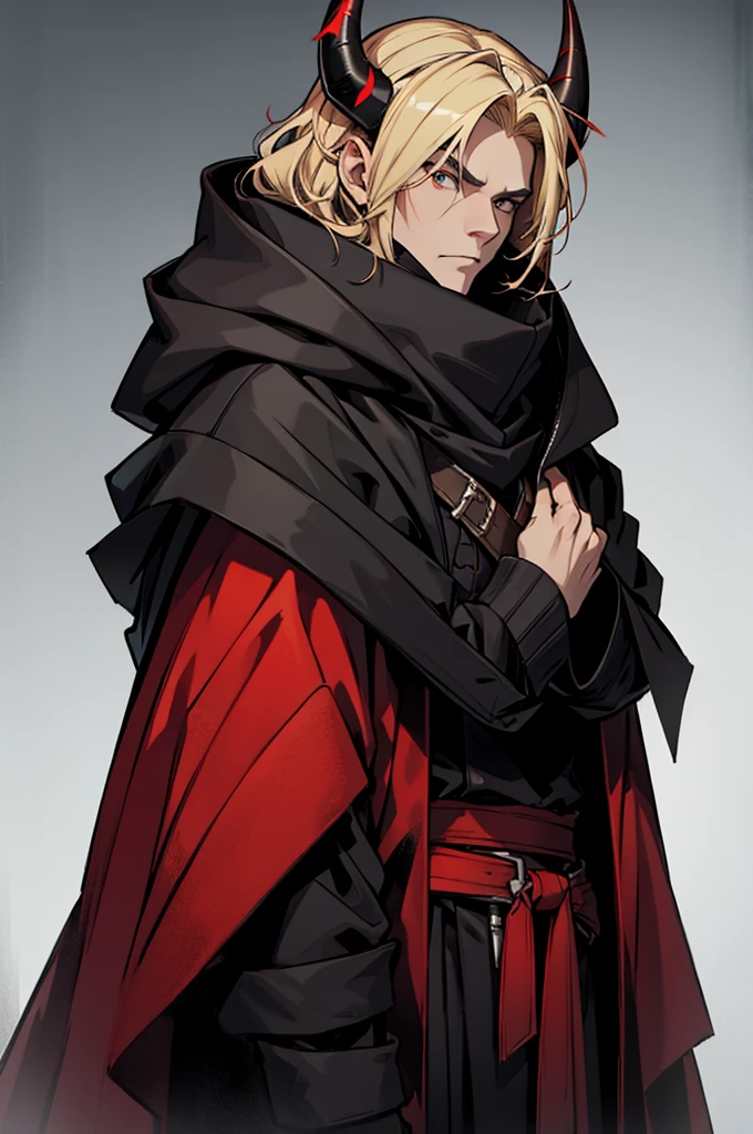 man, small red horns, black eyes, imposing face, blond hair, with black cloak with hood on his head