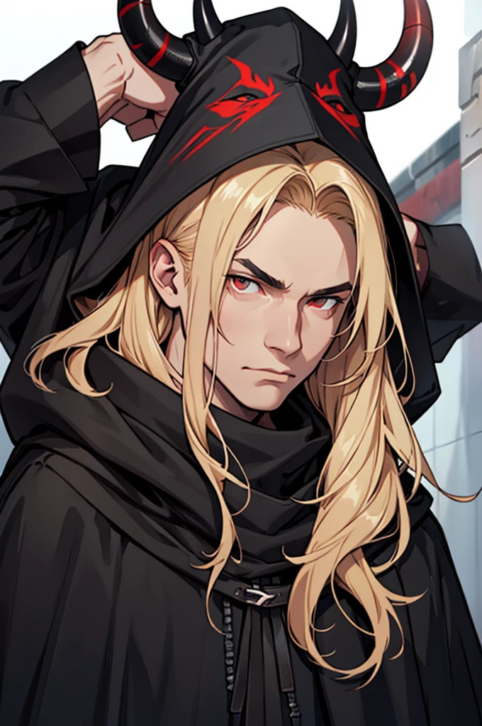 man, small red horns, black eyes, imposing face, blond hair, with black cloak with hood on his head