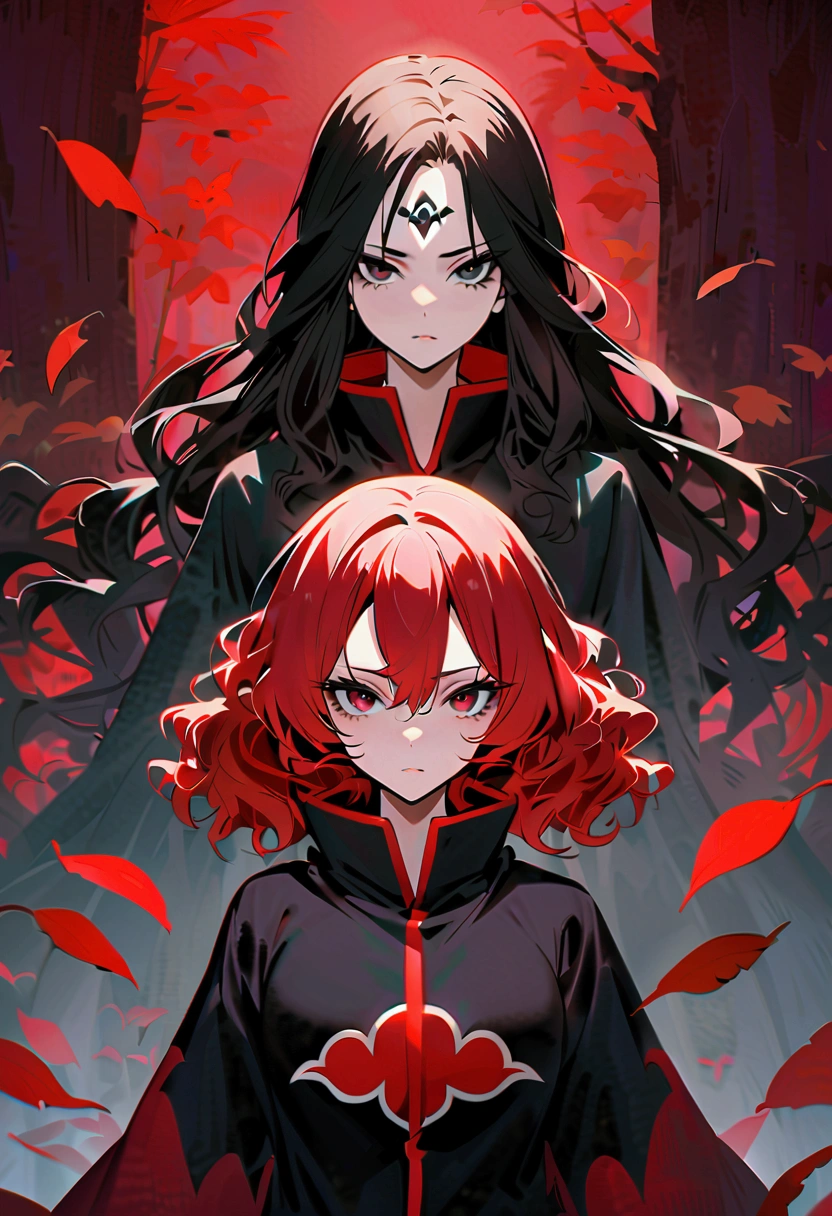 Redhead girl with wavy hair, with black eyeliner, visiting akatsuki outfit, with the sharingan in both eyes, she has a tenacious look, (On his forehead he wears a band with the village plaque between the leaves), She is facing the camera looking towards the camera., ((Behind her is a demon in the shape of a red crocodile accompanying her.)).
