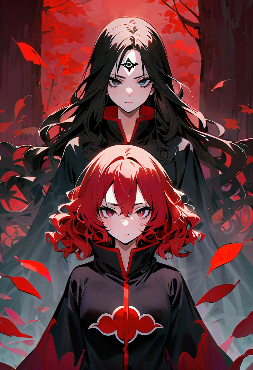 Redhead girl with wavy hair, with black eyeliner, visiting akatsuki outfit, with the sharingan in both eyes, she has a tenacious look, (On his forehead he wears a band with the village plaque between the leaves), She is facing the camera looking towards the camera., ((Behind her is a demon in the shape of a red crocodile accompanying her.)).