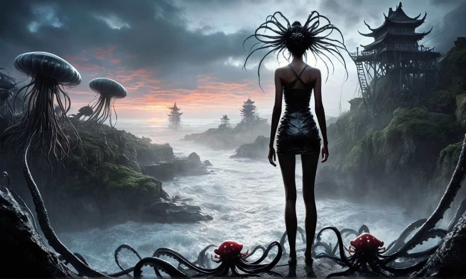 view from height,full-body-shot,obsidian The Alien Entity Moana, sassiness temper,natural jellyfish's skin textures, RAW,full body length,graphite cooper The Alien Entity,ominous landscape,dangerous atmosphere,intricate details,view from height,full-body-shot,nurse from Silent Hill, poison and toxic hands,chinesse starshipers village,authentic,by Ellen von Unwerth,starfish's leather,Mulan,sunset, a Tim Burton-inspired dreamscape,Bun Hair,(Folk clothes:1.5),full body length,niobium goblin,native africa xenomorph,once pretty face,eyebrow up,full body shot,ominous landscape,niobium gray atmosphere,photo,photorealism,Masterpiece,hyper natural skin textures, hyper realism,hyper detailed,High contrast,Realism,Ultra Detailed,irina yermolova,close full body shot,32K resolution,Nikon Z9, ,demonic, fog, smoke, audience, mist, featuring ultra-realistic and hyper-realistic elements, Marta Bevacqua, Ellen Jewett, Kawacy, Katsuya Terada, Carne Griffiths,concert lighting, bokeh, luminal space that feels both bright and surreal. Includes liquid fluid elements for added depth and movement. Rendered in an unreal engine and post-processed to achieve . Evokes a sense of dreamy, ethereal and mystical mood,horror pixar movie still,thriller disney movie ,pixar render, animated ,indoor psychiatric clinic