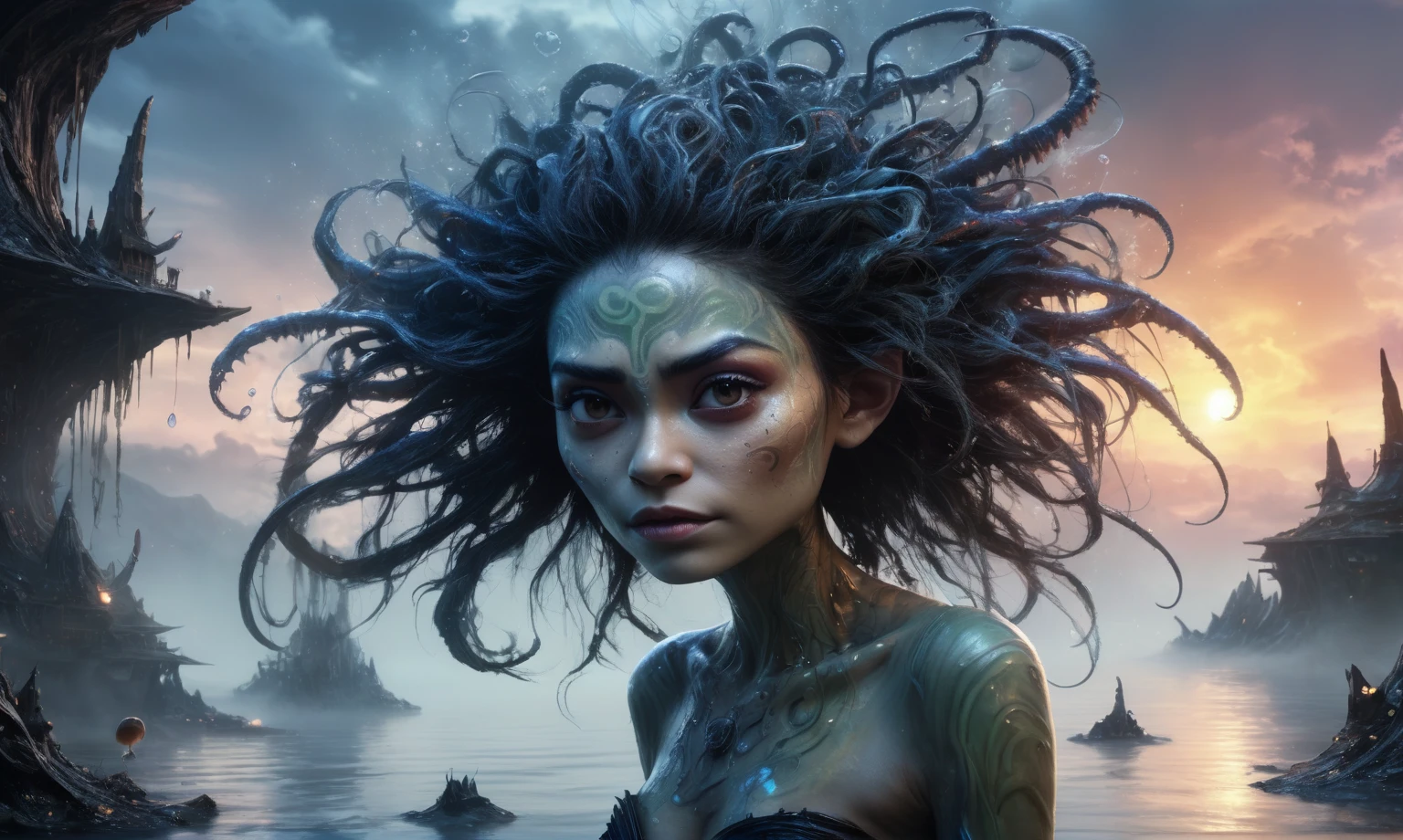 view from height,full-body-shot,obsidian The Alien Entity Moana, sassiness temper,natural jellyfish's skin textures, hyper realisitc, hyper detailed,Extremely detailed,High contrast, ,Realistic,Ultra Detailed,intricate details,realistic humid skin,extremely intricate,Epic Realistic, Romantic, cinematic style,irina yermolova, messy hair,orc's village of fishers,full body length,mother-of-marble,ominous landscape,floating islands on background in dangerous atmosphere,sunset, a Tim Burton-inspired dreamscape,Bun Hair,(Folk clothes:1.5),full body length,niobium goblin,native africa xenomorph,once pretty face,eyebrow up,full body shot,ominous landscape,niobium gray atmosphere,photo,photorealism,Masterpiece,hyper natural skin textures, hyper realism,hyper detailed,High contrast,Realism,Ultra Detailed,irina yermolova,close full body shot,32K resolution,Nikon Z9, ,demonic, fog, smoke, audience, mist, featuring ultra-realistic and hyper-realistic elements, Marta Bevacqua, Ellen Jewett, Kawacy, Katsuya Terada, Carne Griffiths,concert lighting, bokeh, luminal space that feels both bright and surreal. Includes liquid fluid elements for added depth and movement. Rendered in an unreal engine and post-processed to achieve . Evokes a sense of dreamy, ethereal and mystical mood,horror pixar movie still,thriller disney movie ,pixar render, animated ,suicide,psychiatric clinic insane
