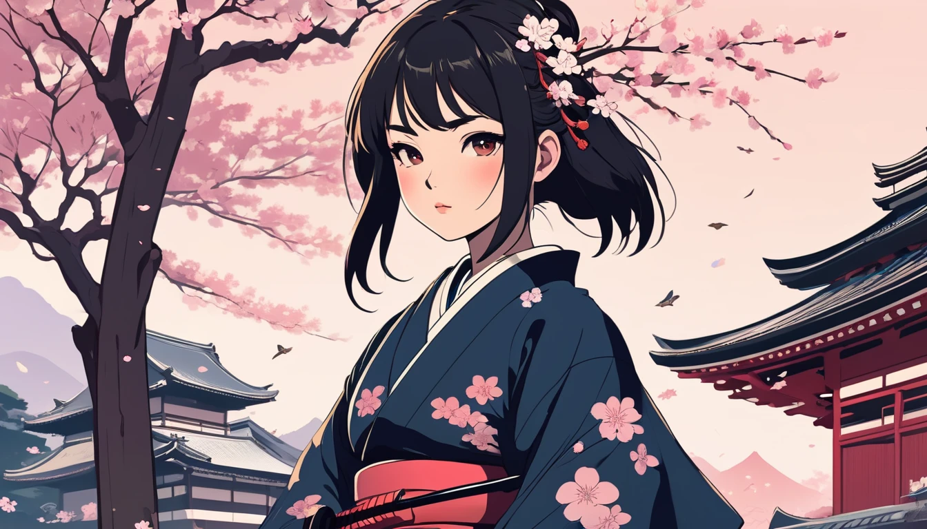 Female samurai,knife,Background is cherry blossoms and a Japanese temple、 Wide-angle lens, Lofi Anime, Lofi illustration, Aesthetic atmosphere, Lo-Fi Style, Vector art, Flat Design, Simple shape, Warm tones, Pleasant atmosphere, Chill, In anime style, Digital drawing, Vector art, Vector logo for t-shirt printing, (Adorable:1.5), (small:1.4), (Playful:1.2), (soft:1.3), (Whimsical:1.1), masterpiece, Highest quality, 8K, Intricate details, grow, Celestial, Mysterious, Picturesque, amazing, Majestic, Magic, Fantasy art, Cover art, dream-like