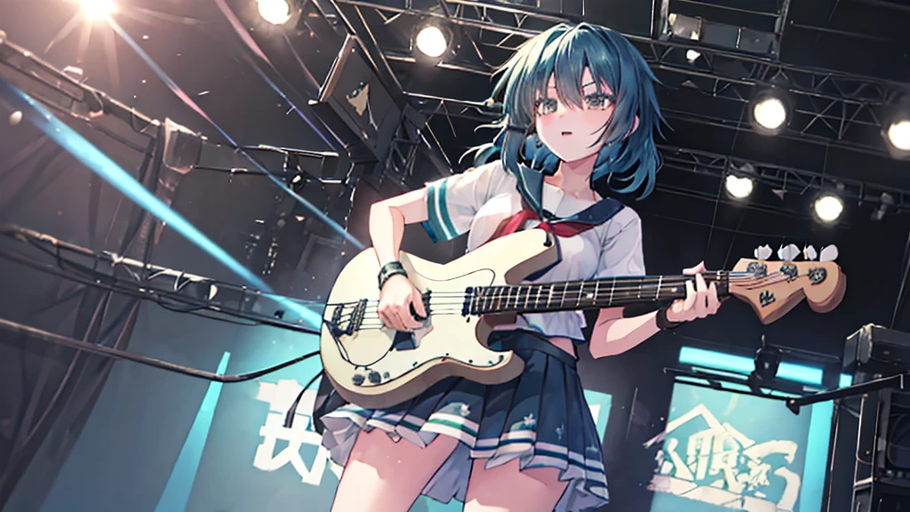 ＜High precision＞girl,Guitar vocals,Black mini skirt,short cut and ponytail,Music Stage,Sing passionately,Heat,Kiso(Fleet Collection),Ryo Yamada