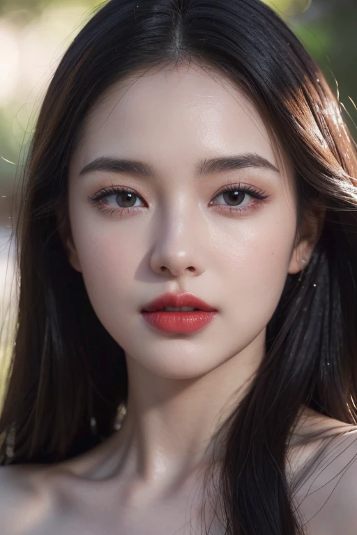 a beautiful woman with lush red lips, plump mouth, water droplets on lips, close-up portrait, (best quality,4k,8k,highres,masterpiece:1.2),ultra-detailed,(realistic,photorealistic,photo-realistic:1.37),macro shot, soft lighting, cinematic, dramatic, extremely detailed eyes and face, longeyelashes, porcelain skin, glossy lips