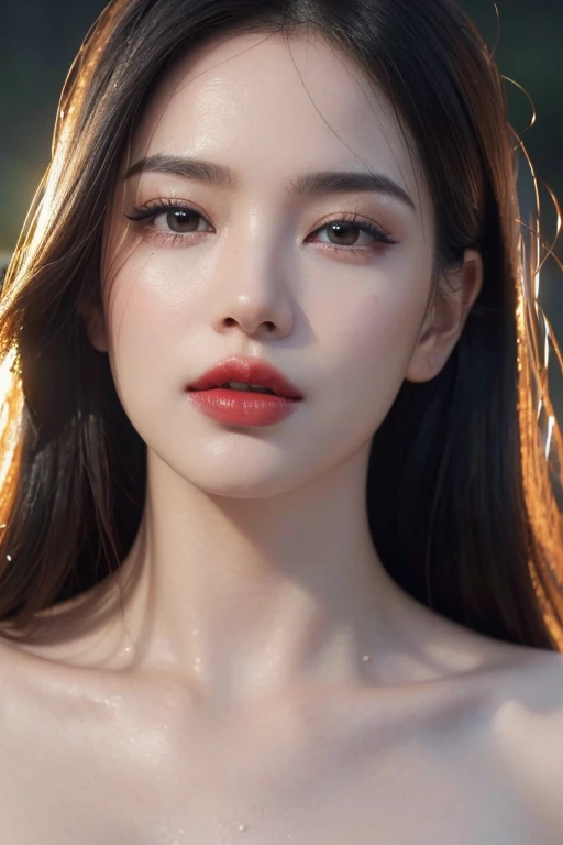 a beautiful woman with lush red lips, plump mouth, water droplets on lips, close-up portrait, (best quality,4k,8k,highres,masterpiece:1.2),ultra-detailed,(realistic,photorealistic,photo-realistic:1.37),macro shot, soft lighting, cinematic, dramatic, extremely detailed eyes and face, longeyelashes, porcelain skin, glossy lips