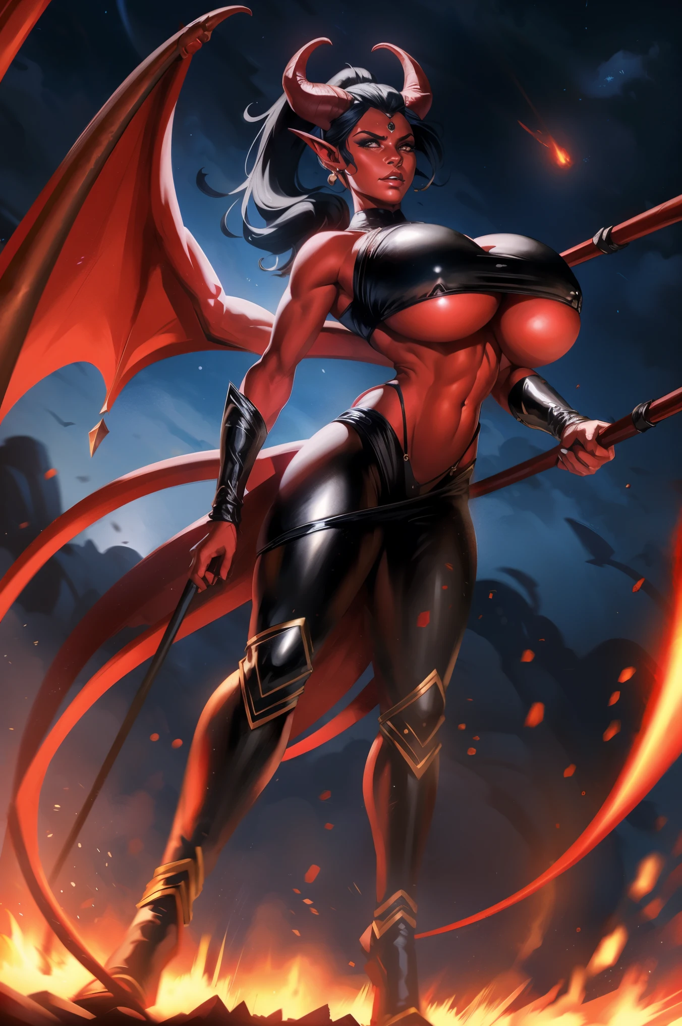 Red skin succubus tiefling, digitigrade legs, full breasts, medium breasts, black horns, wings, huge tail, black leather, crop top, long flowing pelvic curtain, tall, toned, graceful, thin, long black ponytail. Action scene, whip. Dark scene, explosions, night sky.