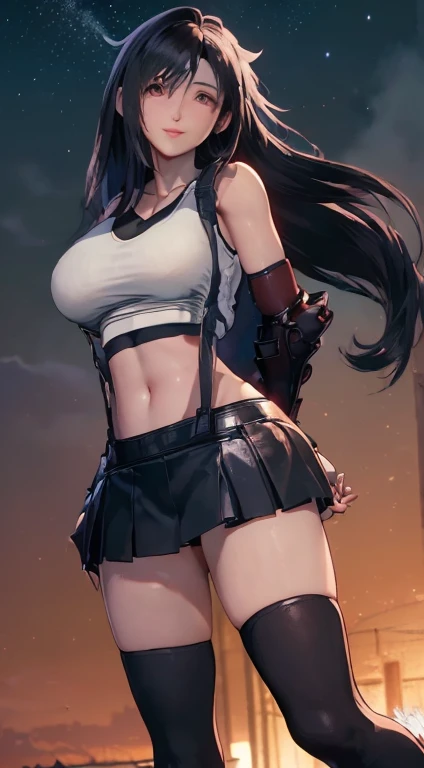 (((Full and soft breasts,)))(((Huge breasts))) (((Cleavage))) (Perfect curvy figure)(8K, best quality, masterpiece: 1.2), (Practical, Reality: 1.37), Super detailed, A girl, Lovely, solo, (Tifa Lockhart: 1.3), (16 years), (beautiful eyes), (Smile: 1.2), neon, city View, Depth of Field, Dark intense shadows, Sharp focus, car, Depth of Field, work, Final Fantasy VII, Dating, (nose brush), Single elbow pad, Ankle boots, Black Hair, (Black skirt), BDSM: 1.4, Red Boots, Elbow gloves, Partial fingerless gloves, Tight shirt, Good exercise, (Black leather suspender skirt), Qihai, (((White vest: 1.3)), whole body, Headrest, Lips, Beauty face, Long hair tied low,, (at night: 1.3), complicated, light, Photon Mapping, Radiosity, Physically Based Rendering, (Tetsuya Nomura style),(, Big , Thin waist),Great heat: 1.4,((Sexy Thong)),(Small face),(Poor health:1.4),Standing, (Large Breasts, protrude:1.5) flirt, (Smile: 1.2), (Hip focus: 1.5), From the bottom, (Slouching posture), (protrude buttocks: 1.3), (behind: 1.5),