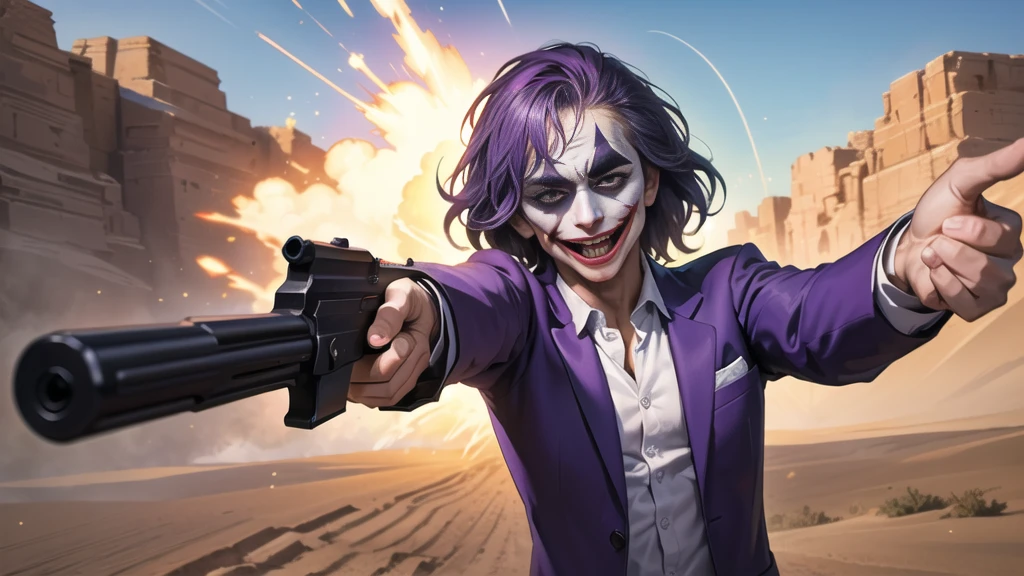 Masterpiece, best quality, The Joker wears a purple suit., , look at viewer, Aim the gun., ถือpistol, look at viewer, stand, , ((pistol)),((Aim the gun.ไปที่ผู้ชม)),gun possession, desert, Laugh and laugh ,explosion from gun