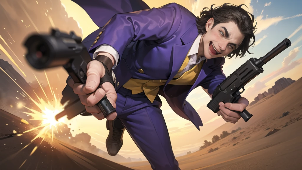 Masterpiece, best quality, The Joker wears a purple suit., , look at viewer, Aim the gun., ถือpistol, look at viewer, stand, , ((pistol)),((Aim the gun.ไปที่ผู้ชม)),gun possession, desert, Laugh and laugh ,explosion from gun