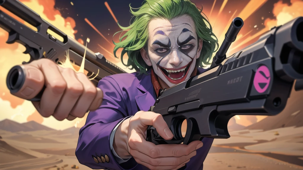 Masterpiece, best quality, The Joker wears a purple suit., , look at viewer, Aim the gun., ถือpistol, look at viewer, stand, , ((pistol)),((Aim the gun.ไปที่ผู้ชม)),gun possession, desert, Laugh and laugh ,explosion from gun