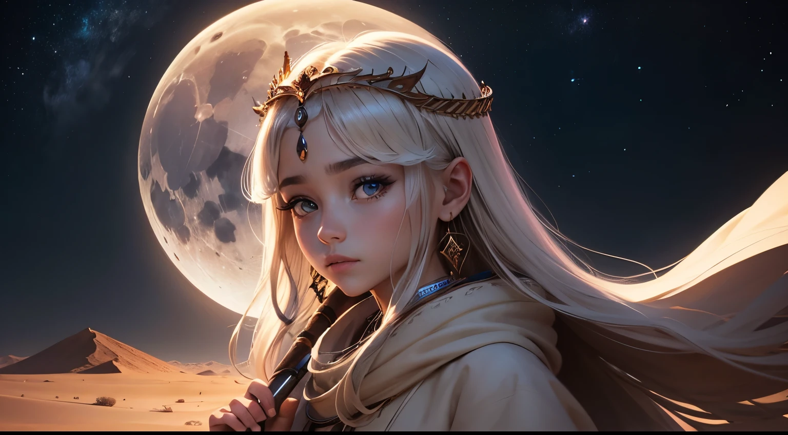 Moonlit Night、Crescent Moon、A photo of a young princess traveling through the desert at moonlight,High resolution,Super detailed,Portraiture,Detailed eyes and beautiful face,Wearing a loose robe,Carrying a walking stick,In the middle of a vast desert,Sand dunes stretching to the horizon,Clear night sky,Capturing the essence of determination and wisdom,Subtle warm tones,