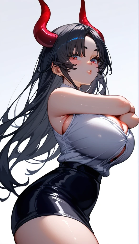 (((Full and soft breasts,)))(((Huge breasts))) (((Cleavage))) (Perfect curvy figure)Fraction_9, Fraction_8_Direction_7_up, 1 girl, Miss, Long hair, Black Hair, #5: Parted Bangs, Crimson eyes, Large Breasts, Poker face, Basic sleeveless shirt, and V-neck, With a black long tight skirt, Squinting , mouth close, permanent, Arms Crossed, side view, thigh, Bottom View, upper body, masterpiece, best quality, White background, Long Parted Bangs, With horns and long ears