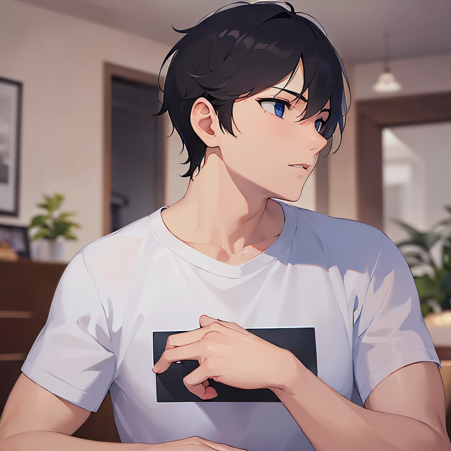 (looking away:1.5),upper body、 stroking own chin,profile、
shiny skin, masterpiece、Highest quality、(25-year-old male:1.5) and (Black short hair) and (blue eyes)
(white) and (T-Shirts),汗
thinking、The background is the dining room at night、(Alone:1.5)