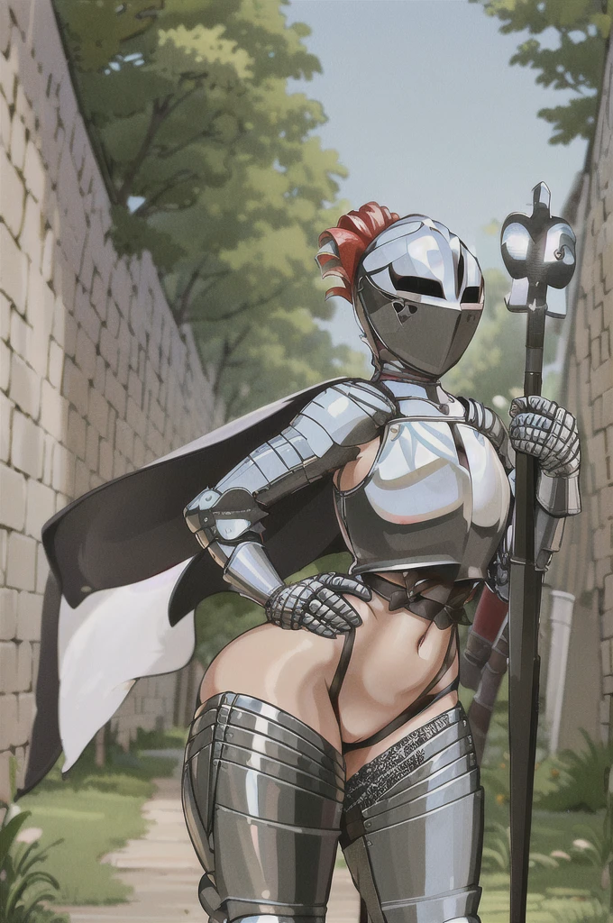 kardia, 1girl, solo, standing, armor, helmet, faceless, knight, visor \(armor\), plume, heart, breastplate, castle, medieval, thigh strap, standing, ((spear, holding spear)), hand on hip, ((hip armor, chainmail, armored dress, , tabard)), facing viewer, looking at viewer, nude, breasts revealed, pussy, right pussy,