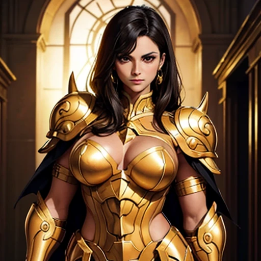 Beautiful brunette woman tan skin messy black hair short brown eye muscular body breasts perfect golden taurus armor white coat 