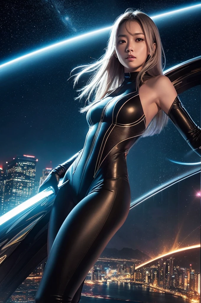 A highly realistic, vertical illustration of a beautiful Japanese girl in a futuristic setting. The character has long, flowing silver hair, and she is wearing a tight-fitting, thin bodysuit that highlights her slender figure. Her pose is dynamic, as she seems to be gracefully suspended in mid-air near a majestic, multi-colored waterfall under a starry night sky. The background features a vibrant cityscape with glowing lights and a stunning array of colors reflecting off the water.
The artist employs advanced digital painting techniques to achieve ultra-realism, with meticulous attention to details such as the texture of the bodysuit, the sheen of her hair, and the intricate lighting effects. The use of light and shadow enhances the depth and dimension of the scene, making the character and the background appear almost lifelike. The image captures a sense of motion and energy, blending elements of fantasy and science fiction in a visually captivating manner.