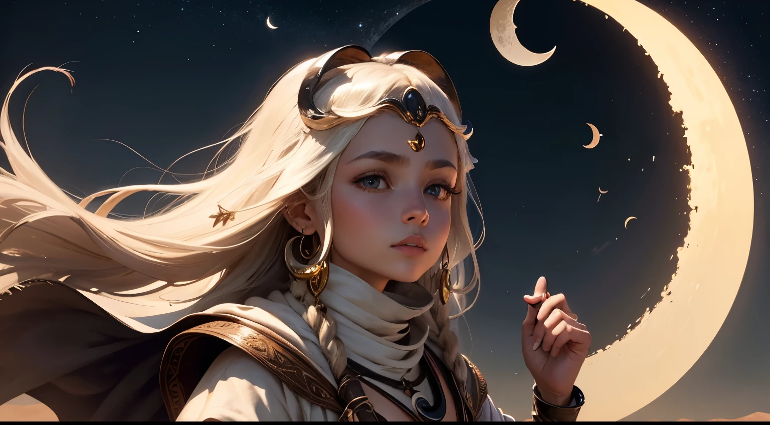 Moonlit Night、(Crescent Moon:1.4)、A photo of a young princess traveling through the desert at moonlight,High resolution,Super detailed,Portraiture,Detailed eyes and beautiful face,Wearing a loose robe,Carrying a walking stick,In the middle of a vast desert,Sand dunes stretching to the horizon,Clear night sky,Capturing the essence of determination and wisdom,Subtle warm tones,