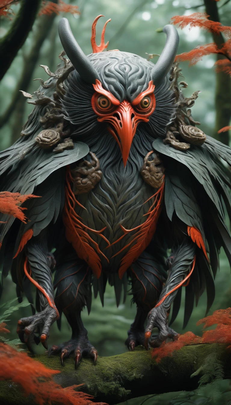 High resolution, Breathtakingly realistic images、Karasu Tengu, a traditional Japanese monster、in the forest