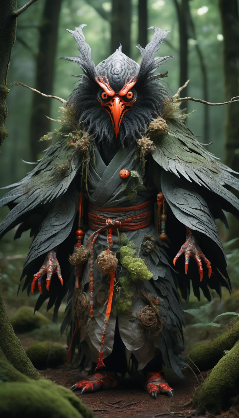 High resolution, Breathtakingly realistic images、Karasu Tengu, a traditional Japanese monster、in the forest