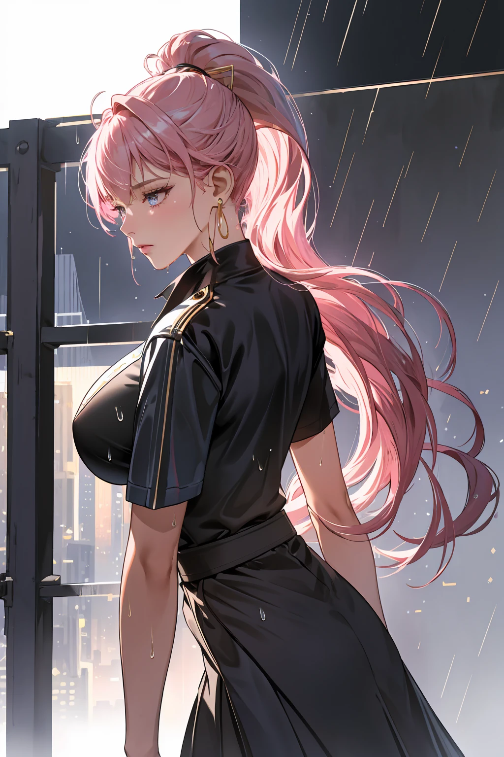 (best quality:1.5, highres, UHD, 4K, detailed lighting, shaders), Pink haired, gradient hair, large breasts, transparent suit, Length hair, ponytail hair, transparent gray shirt, transparent social shirt, transparent short skirt, mature woman , (pov), white background, colorful eyeshadow, dramatic lighting, sparkling eyes, sensual expression, golden earrings, flowing hair, delicate facial features, dark skin, high cheekbones, raining, urban setting, white background, dont look for the camera, lean forward, view from behind, wet  by the rain.