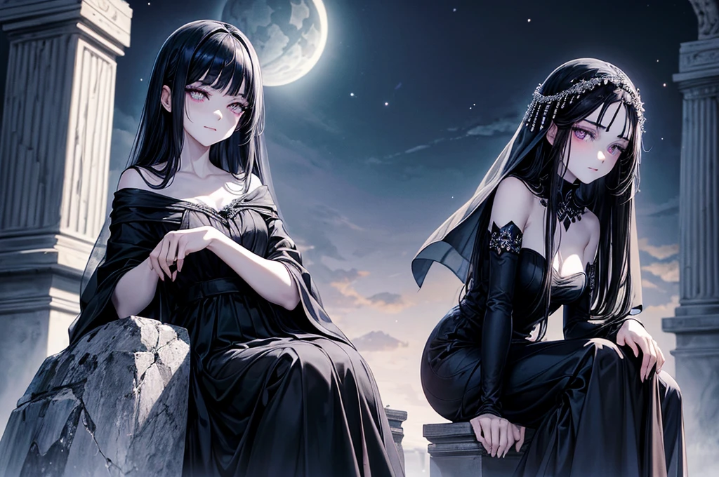 Beautiful, majestic, melancholic, en face, woman, solo-girl, long black hair, pale white skin, (indigo eyes:1.3), narrow eyes, sly smile, (black dress:1.1), (black and blue veil:1.1), sitting on a stone pillar, night sky, dark ancient temple in background, rays of moonlight