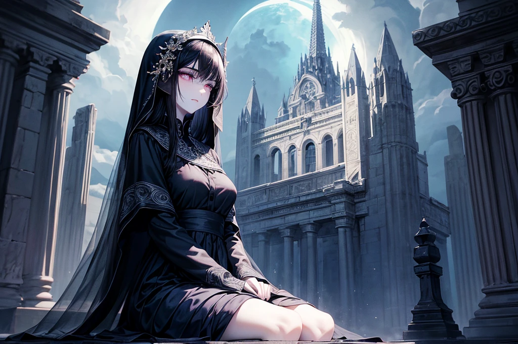 Beautiful, majestic, melancholic, en face, woman, solo-girl, long black hair, pale white skin, (indigo eyes:1.3), narrow eyes, sly smile, (black dress:1.1), (black and blue veil:1.1), sitting on a stone pillar, night sky, dark ancient temple in background, rays of moonlight
