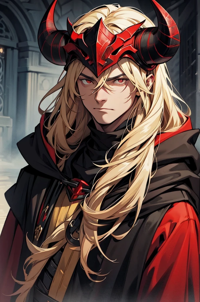 man, small red horns, black eyes, imposing face, blond hair, with black cloak with hood on his head